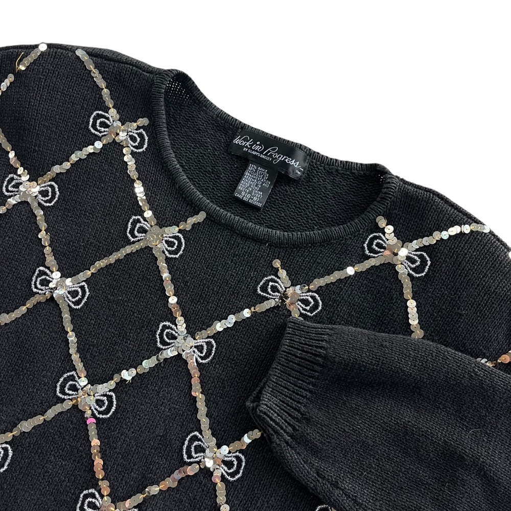 Work In Progress S Black Silver Gold Sequins Beads Bow Sweater Holiday Party VTG